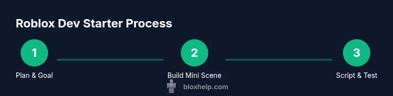 Process infographic showing plan, build, script steps for Roblox dev