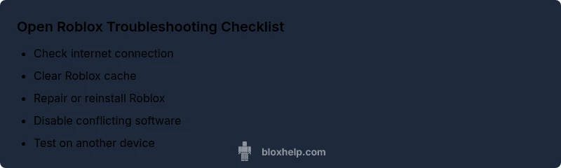 Checklist infographic showing steps to troubleshoot Roblox startup issues